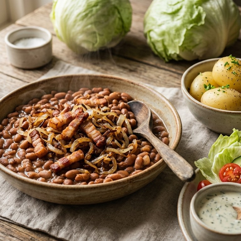 Bruine bonenschotel met sla en aardappel recept