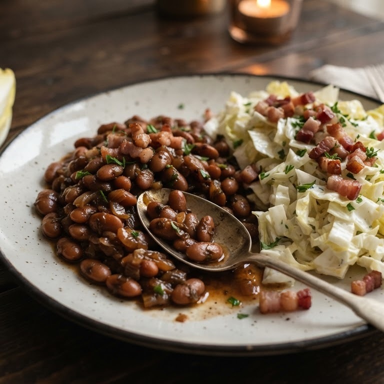 Bruinebonen met witlofsalade en spekjes recept