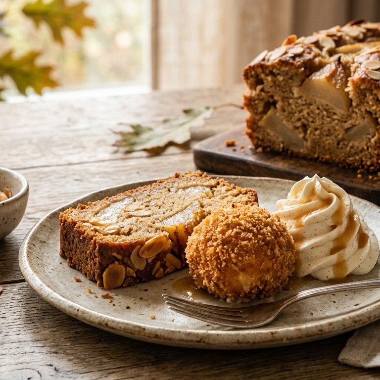 Cake met peer en een gepaneerde ijsbol recept