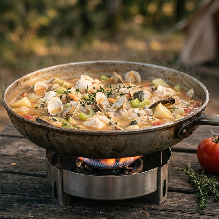 Campingmaal met vis en schaaldieren recept
