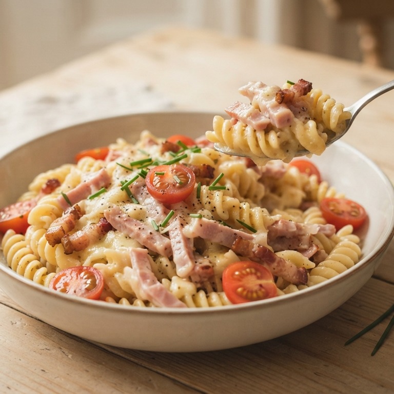 Carbonara fusillipasta met ham,spekjes en kaas recept