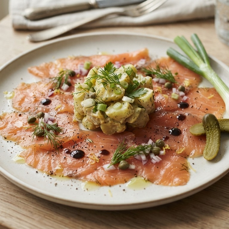 Carpaccio van gerookte zalm met aardappelsalade recept