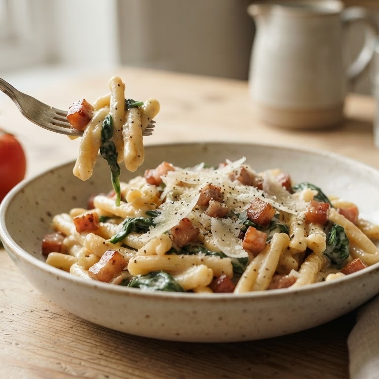 Casarecce met pancetta & spinazie recept