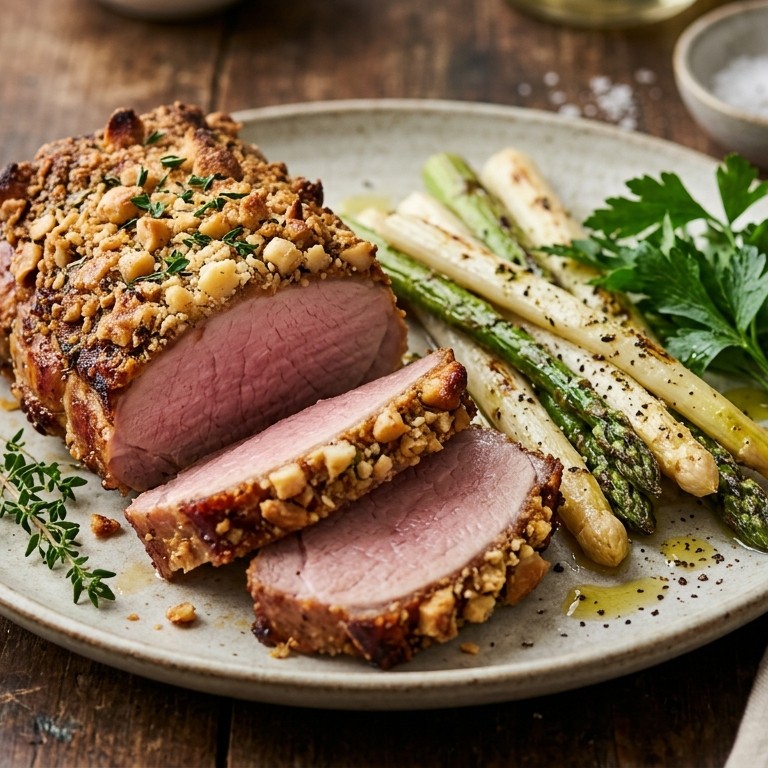 Casselerrib met macadamiakorst en asperges recept