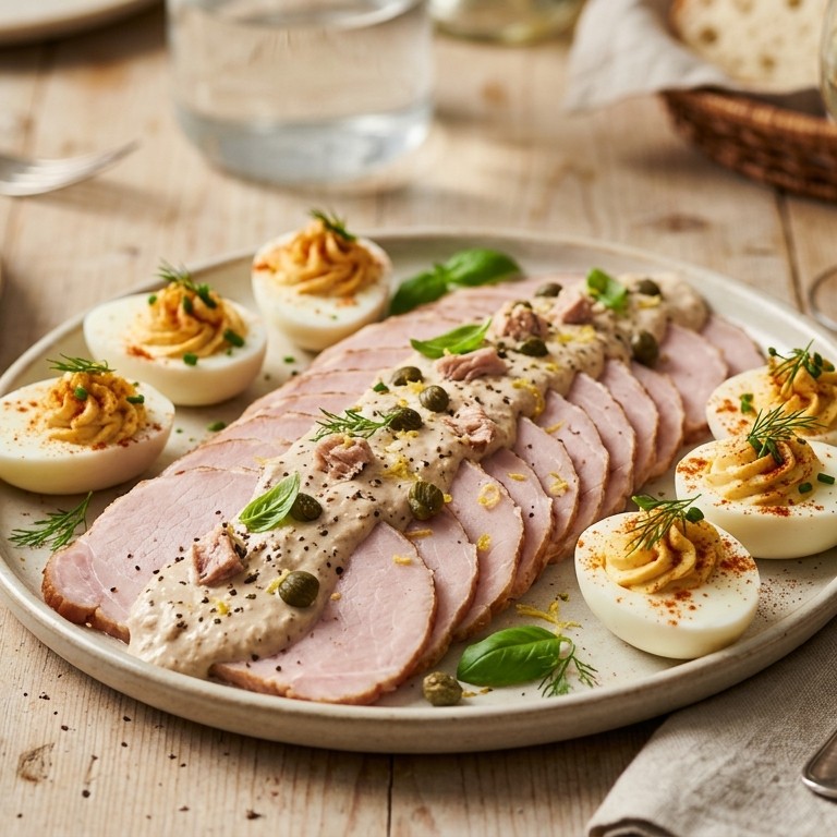 Casselerrib met tonijnsaus en gevulde eieren recept