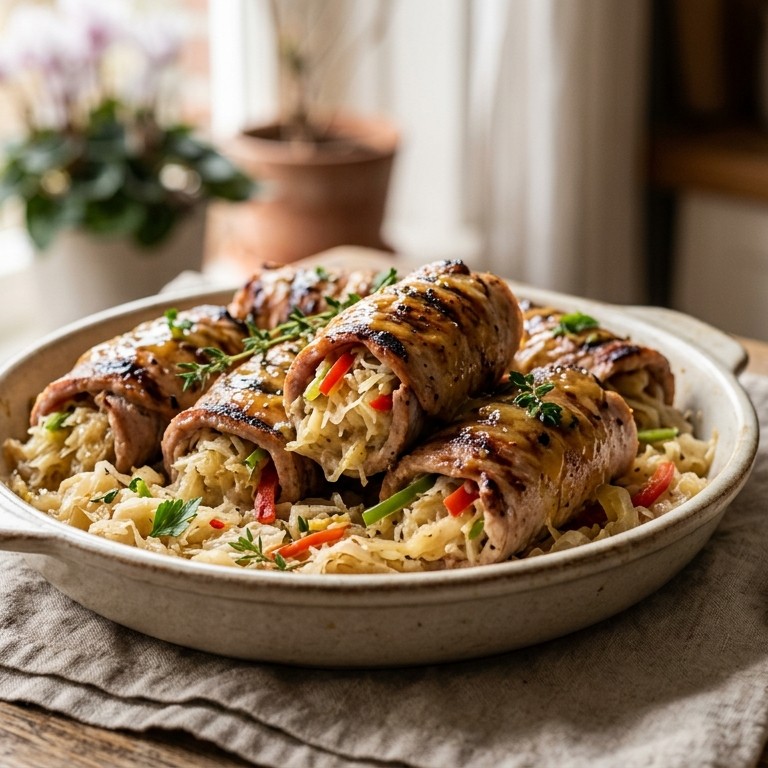 Casselerrib-zuurkoolrolletjes met mosterdsaus recept