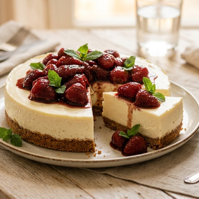 Cheesecake met gemarineerde aardbeien recept