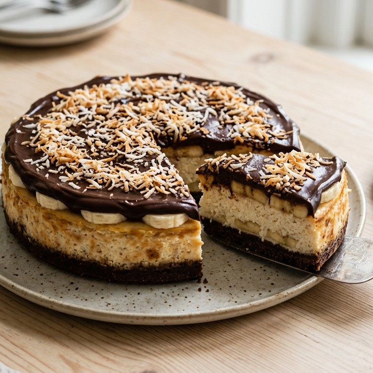 Cheesecake met kokos, banaan en chocolade recept