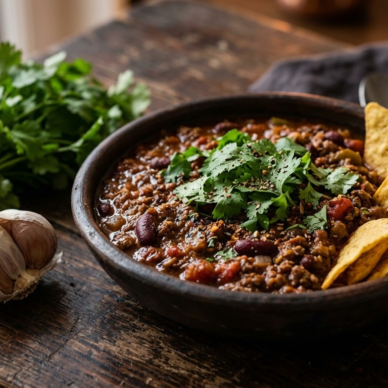 Chili con carne met koriander en maischips recept