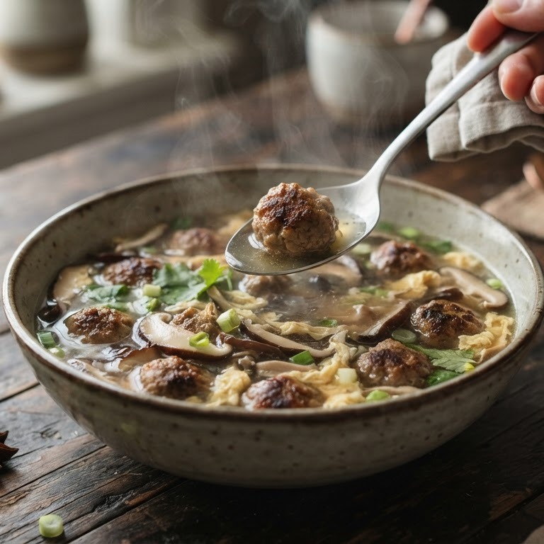 Chinese soep van champignons met gehaktballetjes recept