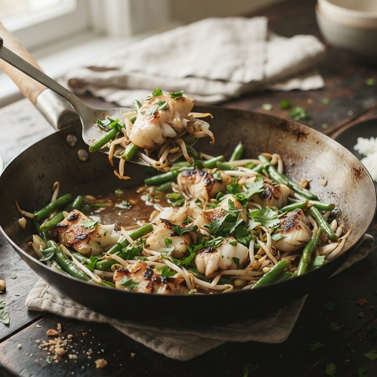 Chinese viswok met snijbonen en tauge recept
