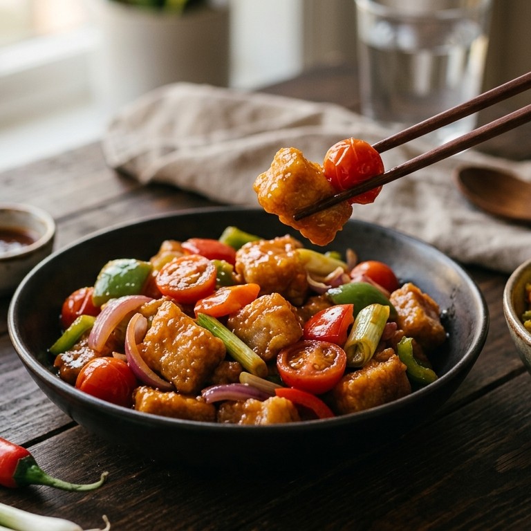 Chinese zoetzuur van roerbakvlees en kerstomaatjes met groenterijst recept