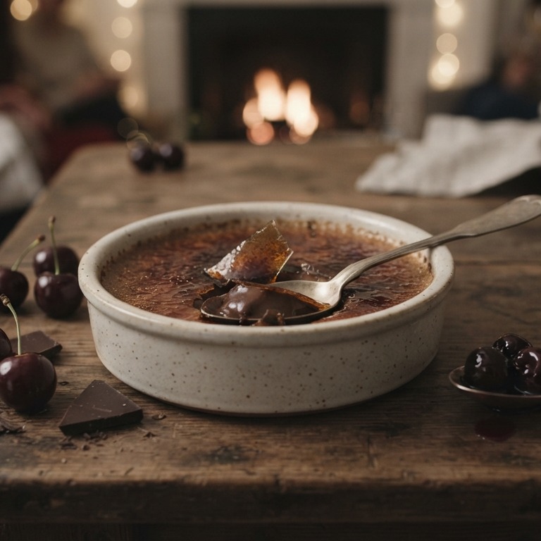 Chocolade-crème-brûlee met Amarene kersen recept