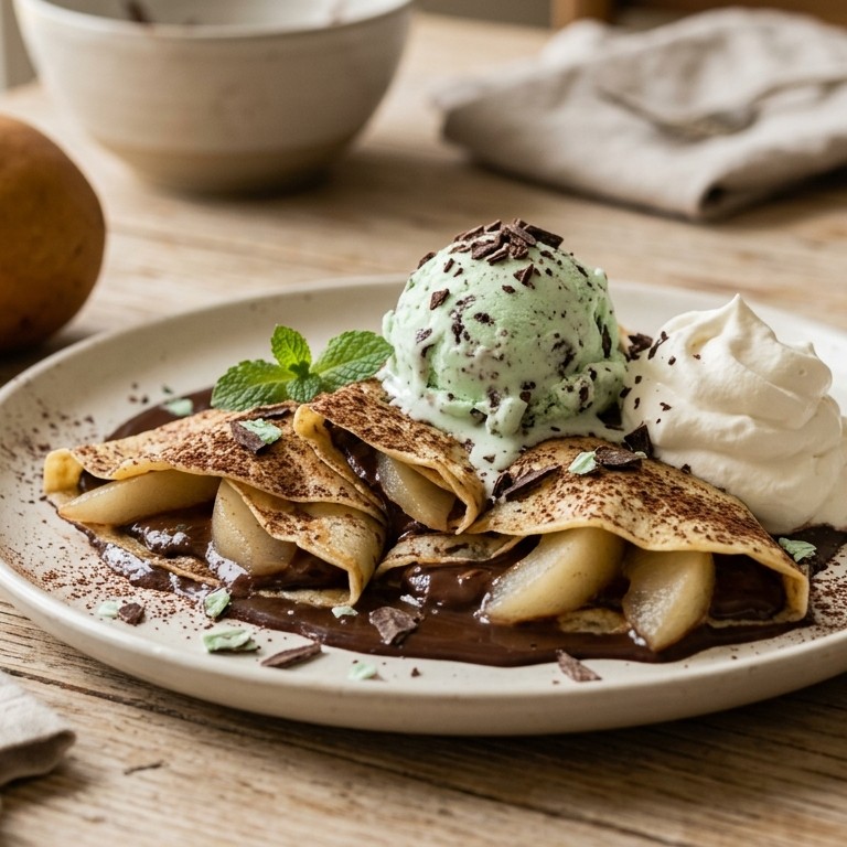 Chocolade-peren crêpes met ijs en slagroom recept
