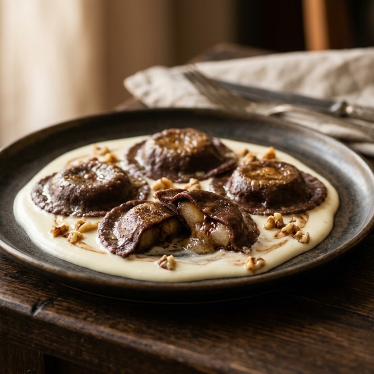 Chocoladeravioli met perenvulling recept