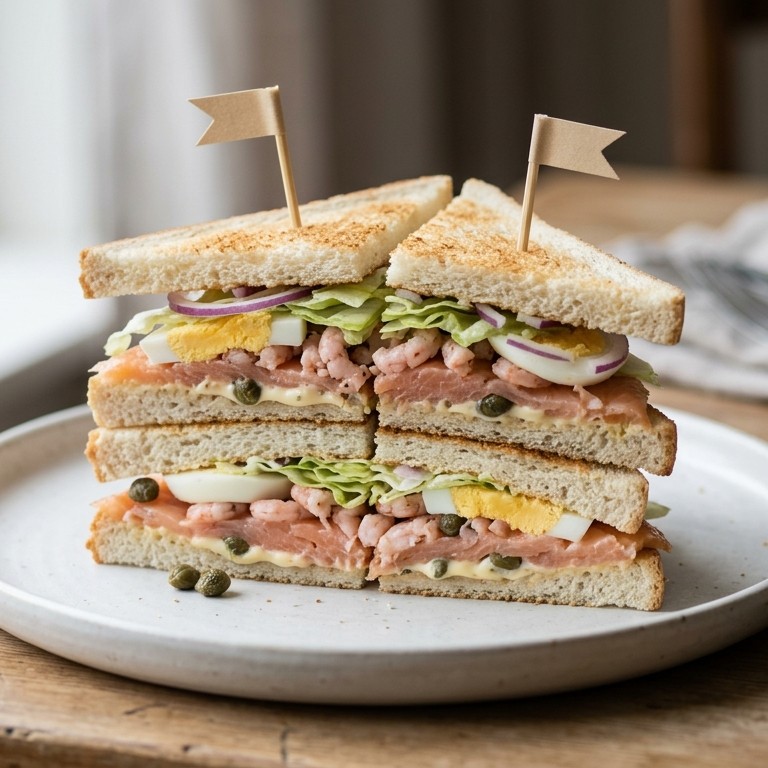 Clubsandwich met zalm en garnalen recept