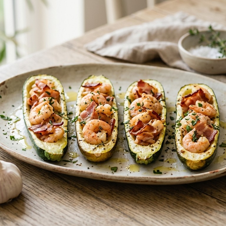 Courgetteschuitje met scampi en Breydelspek recept