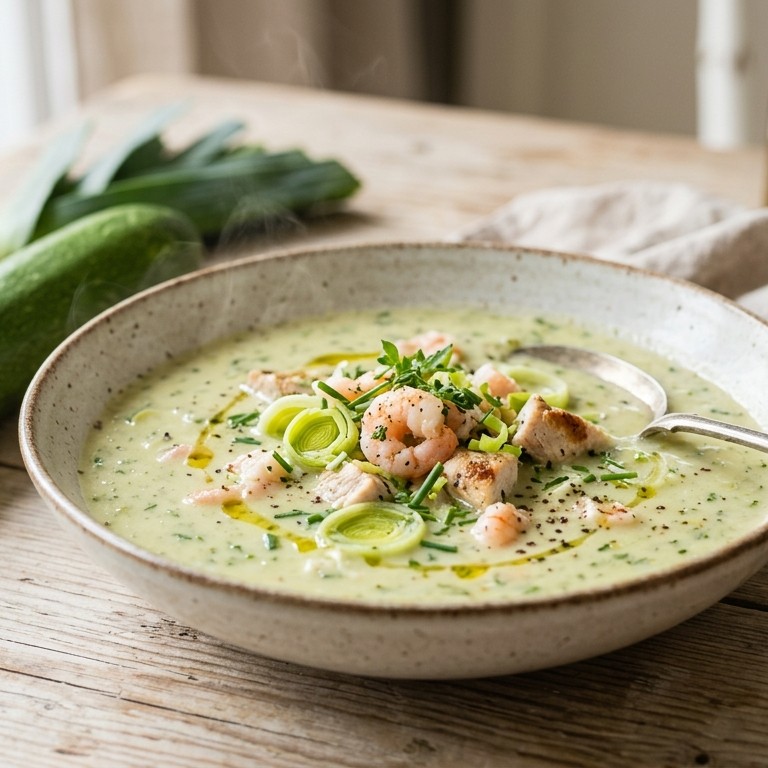 Courgettesoep met garnalen en/of kip recept