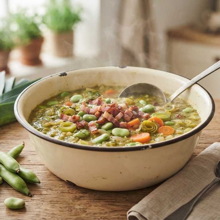 Courgettesoep met spekjes, prei, wortel, tuinboontjes en ui recept