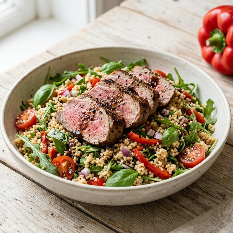Couscous-basilicumsalade met lamsvlees recept