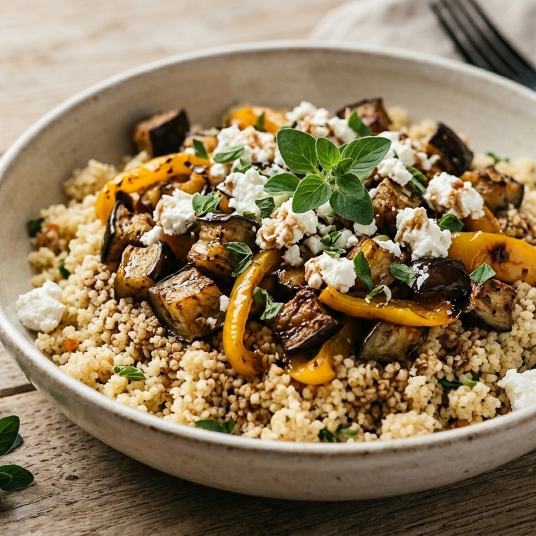 Couscous met aubergine, geitenkaas, paprika en balsamicodressing recept