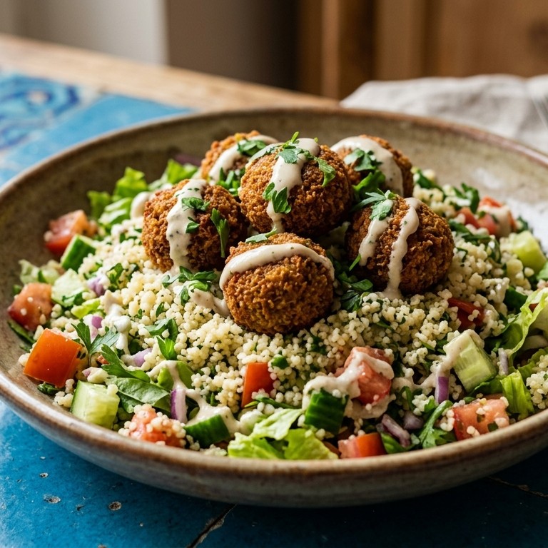 Couscoussalade met falafel en knoflooksaus recept
