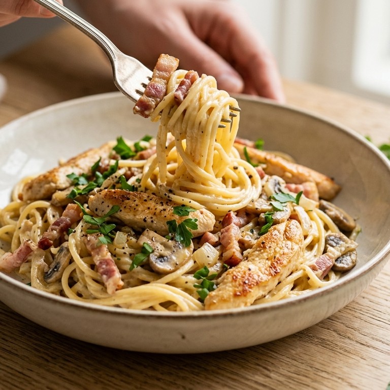 Creamy spaghetti carbonara met kip recept