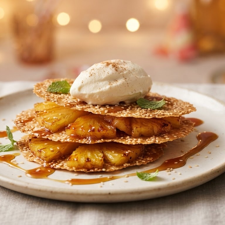 Creatie van ananas met sesamgalettes recept