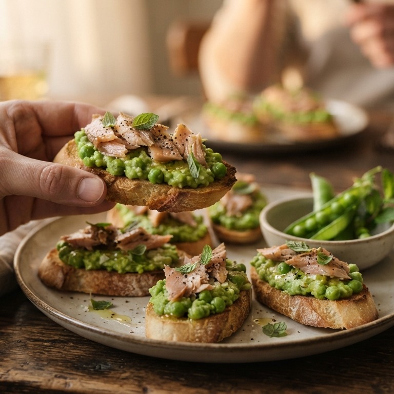 Crostini met doperwtenpuree en gerookte forel recept