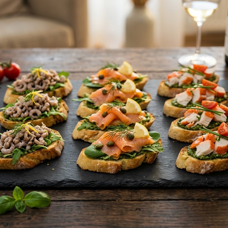 Crostini's met garnalen,gerookte zalm en surimi recept