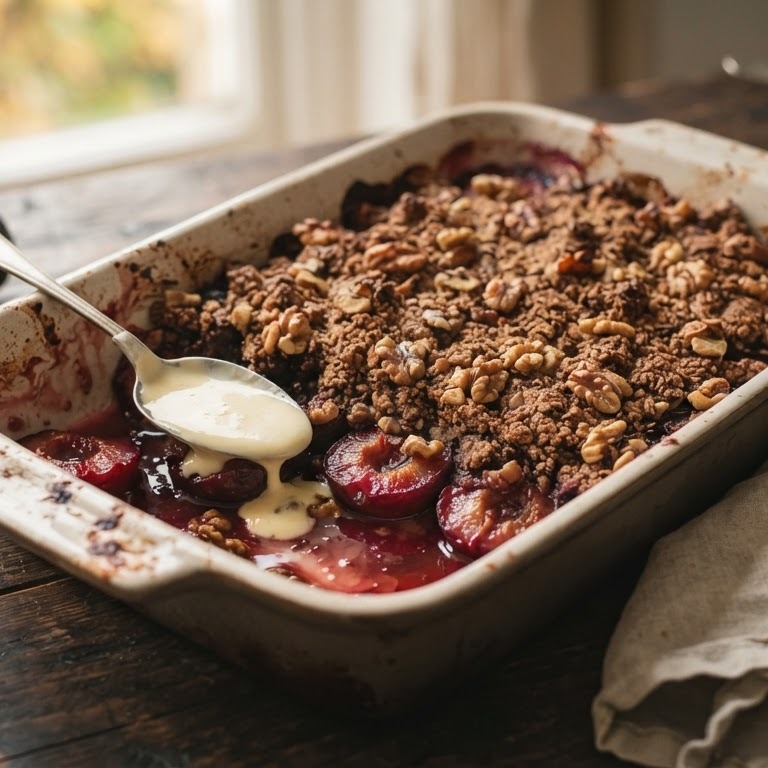 Crumble van walnoten en pruimen recept