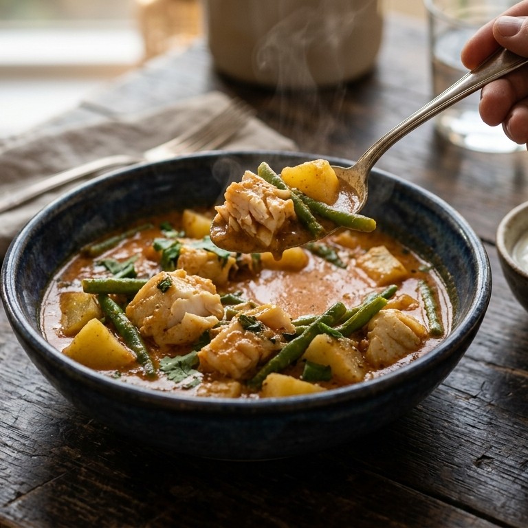 Curry van vis, sperziebonen en aardappel recept