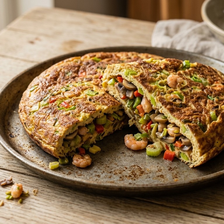 Dadar sedip (omelet met champignons, garnalen en selderij) recept