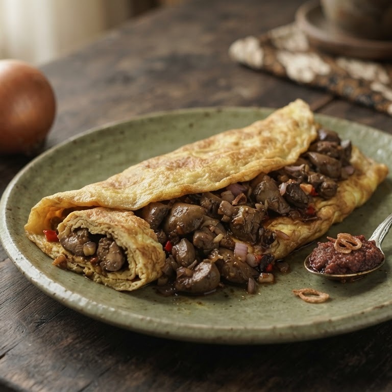 Dadar telor hati ajam (gevulde omelet met kippenlever) recept