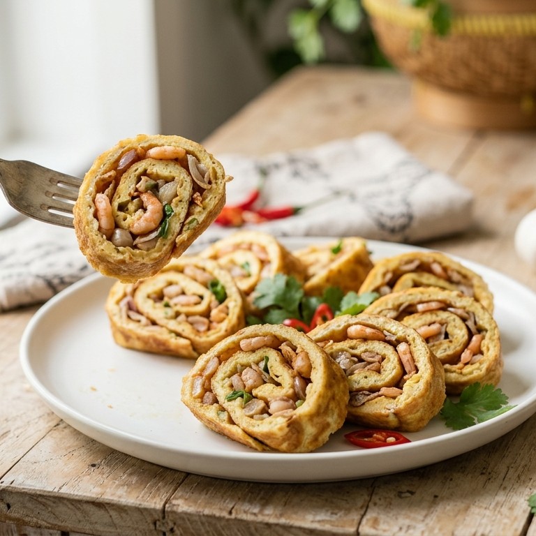 Dadar udang goreng (opgerolde omelet met garnalen) recept