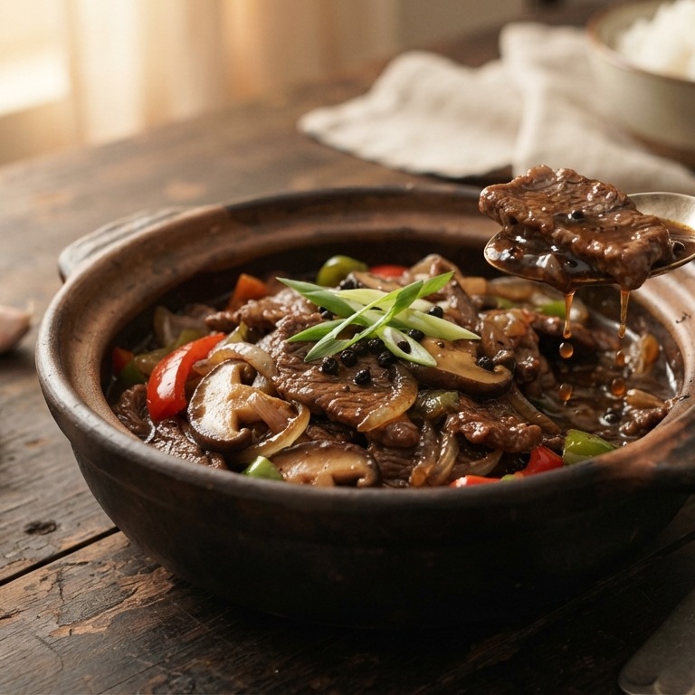 Daging sapi merica hitam (gestoofd runderlappen in een pepersaus) recept