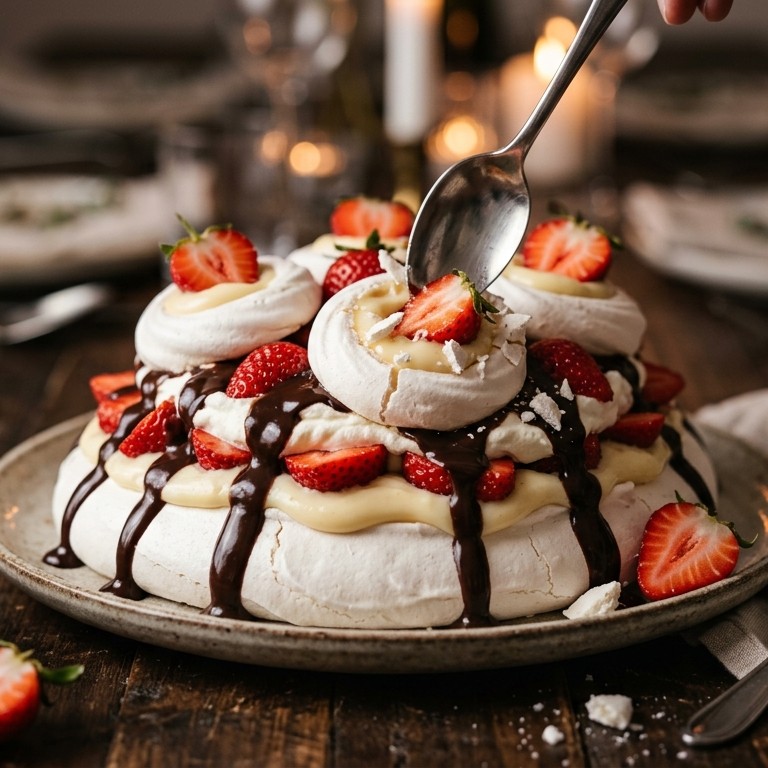 Dame blanche met aardbeien op een pavlova recept