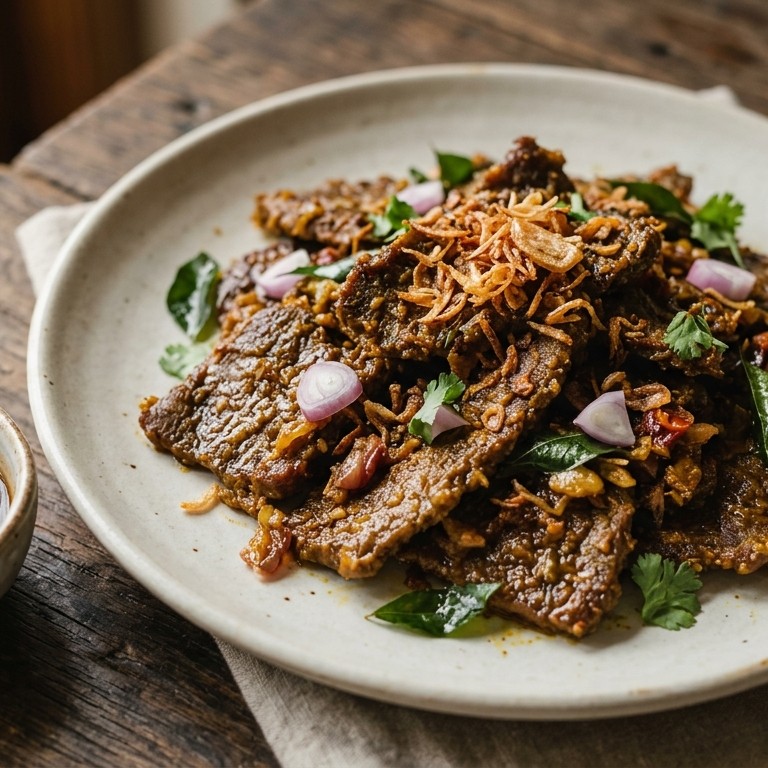 Dendeng boemboe basa (zachtjes gebakken licht gekruid rundvlees) recept