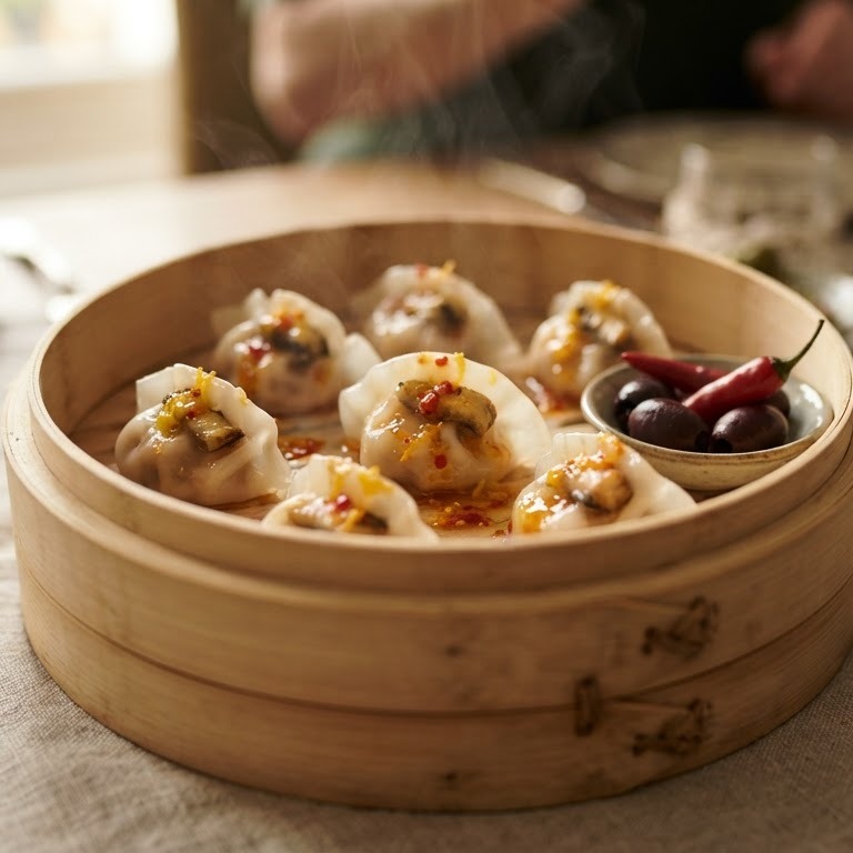 Dim sum van gerookte rivierpaling  met sinaasappel recept