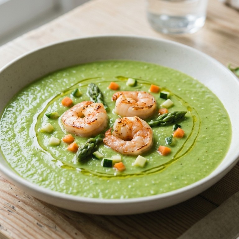 Doperwtjescrémesoep met groenten en gamba's recept
