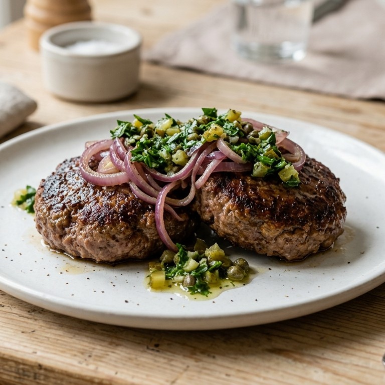Duitse biefstuk met saus van peterselie, augurk en kappertjes recept