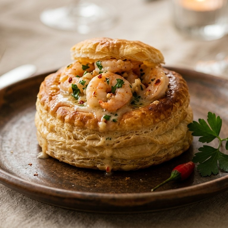 Een pasteitje met garnalenknoflookragout recept