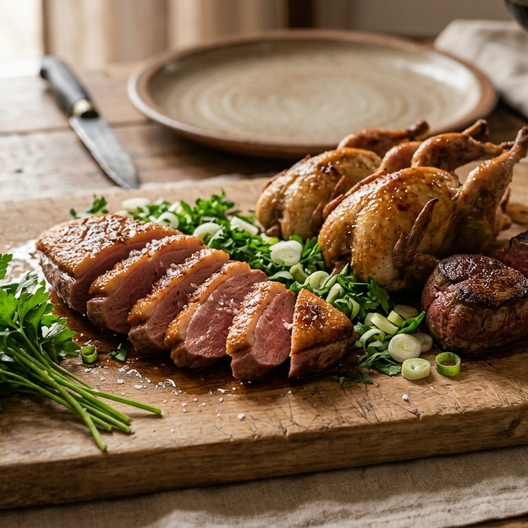 Eendeborst met kwartels en rundersteaks recept