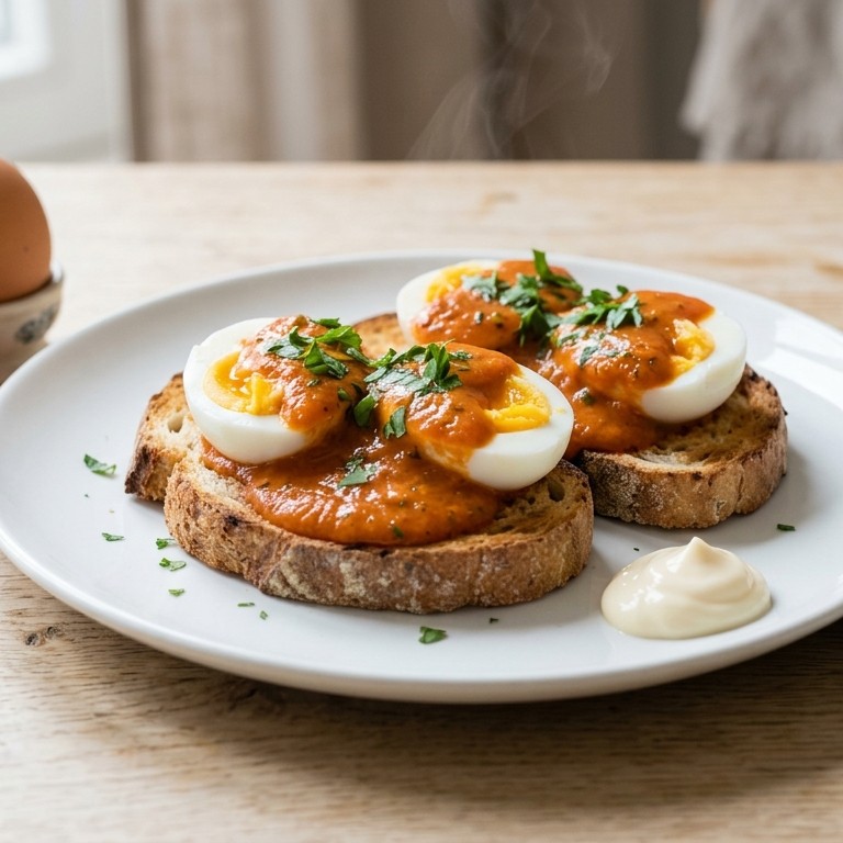 Eieren met tomatensaus op brood recept
