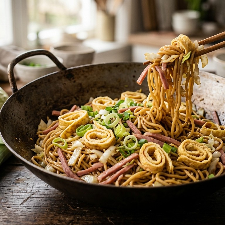 Eiermie met omeletreepjes en ham recept