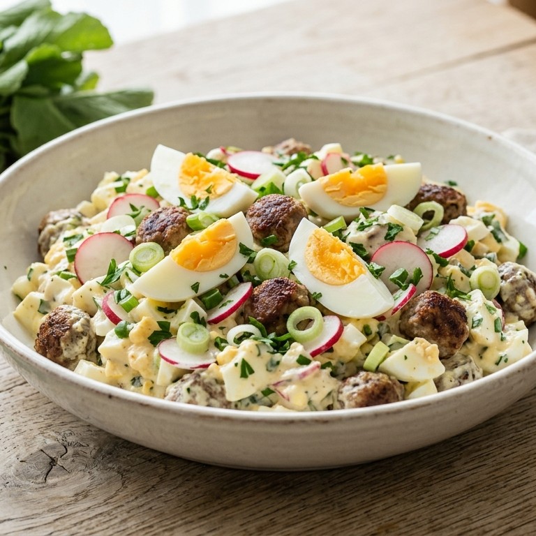 Eiersalade met lente-uitjes en gehaktballetjes recept