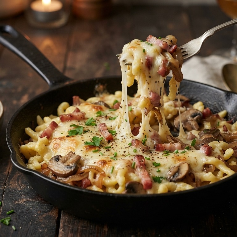 Eierspätzle met champignons, ui, spek en kaas recept