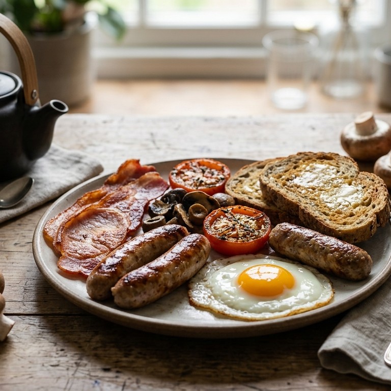 Engels grill-ontbijt met worst, bacon en ei recept
