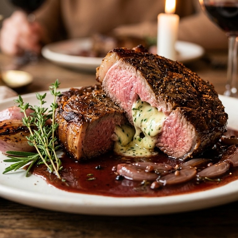 Entrecote gevuld met kruidenkaas en rode wijnsaus recept