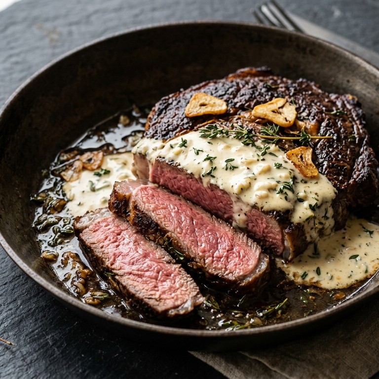 Entrecote met knoflooksaus recept